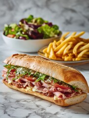 Captivating view of Fresh Italian Sub Sandwich with Fries and Salad on Marble Table Tasty Food Photo