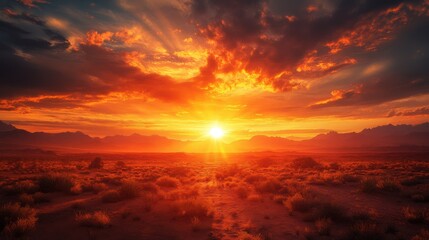 Fototapeta premium A breathtaking sunset over a vast desert landscape, with vibrant colors illuminating the sky and silhouetting distant mountains.