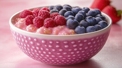Fruitful delight! Berries crown creamy porridge in a pink bowl, alongside ripe strawberries. Sweet!