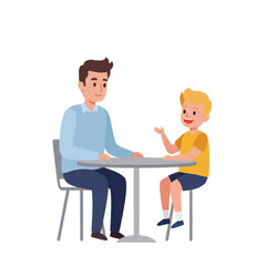 Father and son, man and boy talking at a table with a joyful expression on a bright white background