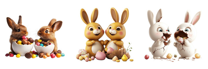 Obraz premium Set of Horizontal Easter-themed composition with two smiling cartoon rabbits sitting on either side on transparent png background. Ai generated