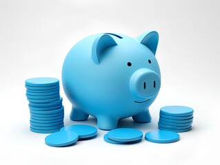  Close-up of a light blue piggy bank and stacks of coins on a white background with space for text. 3D graphics, bright colors.