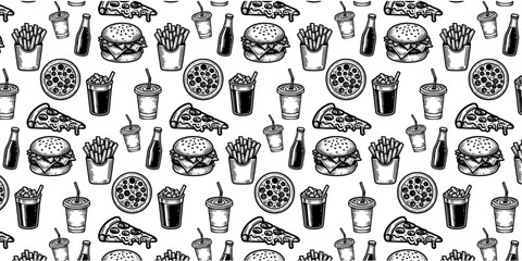 Detailed Black and White Sketch Pattern Featuring Classic Fast Food Elements for Packaging, Menu Design, or Backgrounds