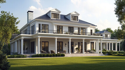 Elegant two story house with large porch and lush garden