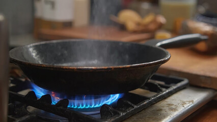 Cast Iron Pan on Gas Stove with Steam