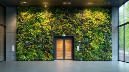 A vibrant green living wall adorned with various plants, enhancing a modern indoor space around an elevator.