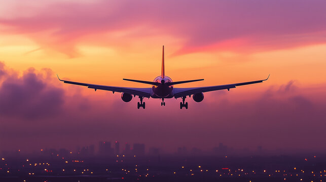 Travel themed banner design with plane taking off from airport, runway line visible with dramatic perspective lines, warm lighting from sunrise adds optimistic atmosphere