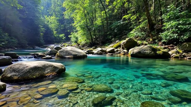 Crystal Clear River Flowing Gently Through a Dense Forest in Natural Wilderness