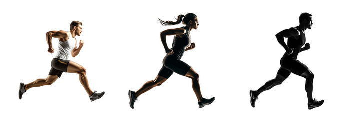 Set of Silhouette of a strong woman with muscular build standing in profile, showcasing defined muscles on transparent png background. Ai generated