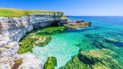 Serene coastal cliffs turquoise water tranquil ocean scene summer vacation nature landscape