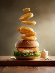 Delicious fish burger with crispy onion rings floating above on a wooden board in studio light setting