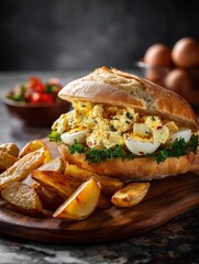 Delicious Egg Salad Sandwich with Roasted Potatoes on Rustic Wooden Board Capturing Culinary Delight