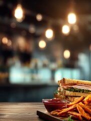 Appetizing Sandwich and Fries on Wood Surface Warm Blurred Restaurant Light Backdrop Food Photography