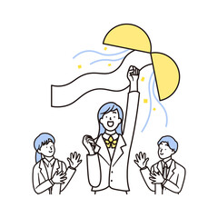 くす玉と合格して喜ぶ女子高校生と女性と男性の先生のシンプルなイラスト素材