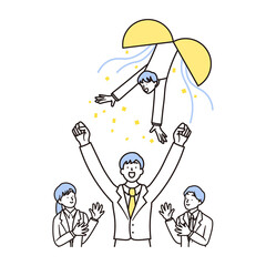 くす玉と合格して喜ぶ男子高校生と男性の先生のシンプルなイラスト素材