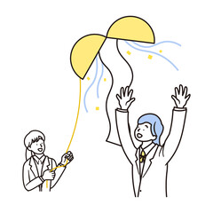 くす玉と合格して喜ぶ女子高校生と女性の先生のシンプルなイラスト素材