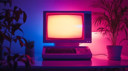 Retro Computer Setup with Plants in Vibrant Neon Lighting