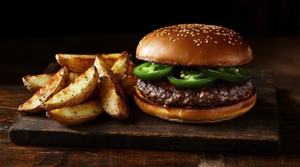 Gourmet jalapeno burger with potato wedges on a rustic wood board capturing culinary delight appetizing burger in dark ambient mood