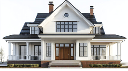 Fototapeta premium Elegant white house with porch and large windows, exuding classic charm