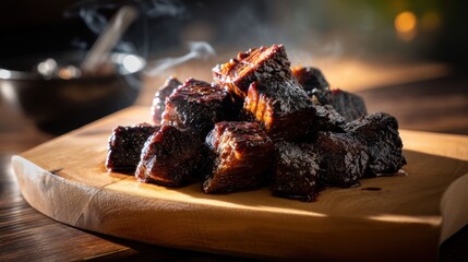 Delicious smoked beef burnt ends presentation on wooden cutting board culinary barbeque preparation
