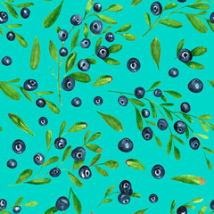 Seamless pattern with blueberries on turquoise background. Perfect for wallpaper, gift paper, pattern fill, summer greeting cards