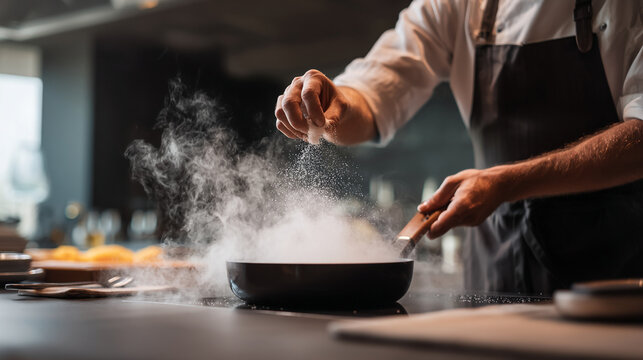 Naklejki Professional chef cooking in a pan adding salt seasoning food preparation culinary arts restaurant cuisine