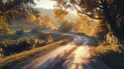 Obraz premium A scenic winding road surrounded by vibrant autumn foliage, illuminated by soft sunlight, creating a tranquil and picturesque landscape.