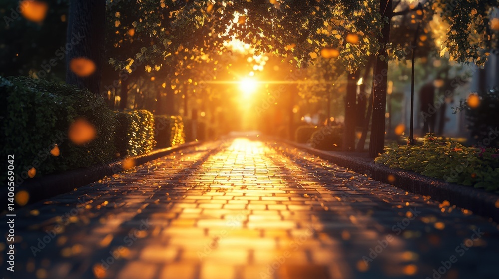 Poster a serene pathway illuminated by golden sunlight, lined with lush greenery, creating a tranquil and i