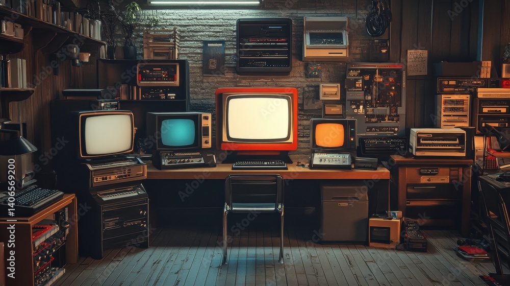 Poster a retro-inspired workspace filled with vintage computers and a classic monitor, showcasing an array 