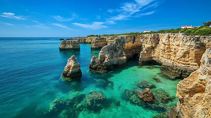 Obraz premium Scenic Algarve coastline with turquoise sea, limestone cliffs, and rock formations under a clear blue sky in Portugal 