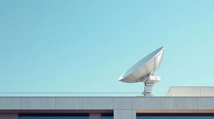 Obraz premium A satellite dish mounted on a modern building against a clear blue sky, showcasing technology and architecture in harmony.