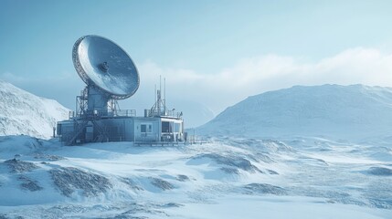 Obraz premium A remote satellite dish station in a snowy landscape, surrounded by mountains under a pale sky.