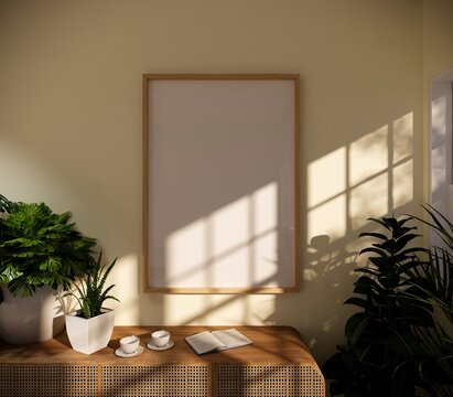 Frame mockup, ISO A0 paper size. Living room wall poster mockup. Interior mockup with house background. Modern interior design.	