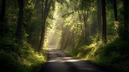 Obraz premium Peaceful forest road with sun rays streaming through tall trees and lush green foliage in early morning light 