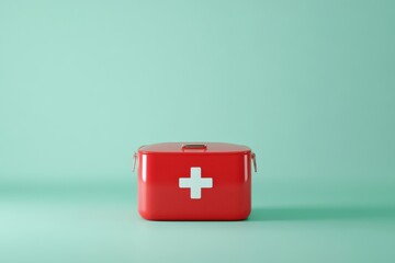 A red first aid kit with a white cross on a light green background in a studio setting with good lighting