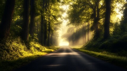 Obraz premium Peaceful forest road with sun rays streaming through tall trees and lush green foliage in early morning light 