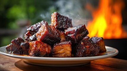 Smoked pork belly burnt ends a delectable culinary masterpiece displayed on a plate against fire backdrop