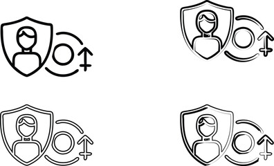 Shield icon with female silhouette, Venus symbol, line art, simple design, symmetrical composition, minimalist icons, gender equality concept, women's rights symbol, protective emblem, monochrome illu