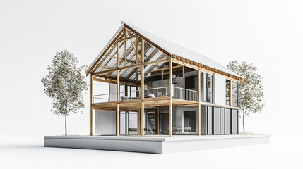 Modern steel frame house with glass walls and wooden accents