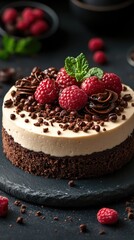 Delicious dessert cake. Raspberries and creamy frosting top rich chocolate cake on dark slate