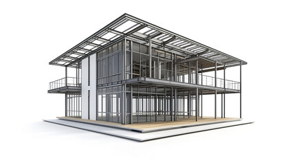 Modern steel frame house with glass walls on white background