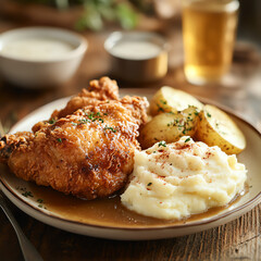 Fototapeta premium A golden crispy fried chicken with creamy mashed potatoes and rich gravy, beautifully styled on a rustic table with natural light. Perfect for food blogs, ads, and culinary content