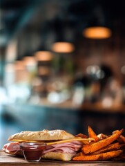 Delicious ham sandwich with sweet potato fries and tomato sauce on wooden table in restaurant