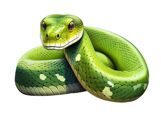 Fototapeta premium a vibrant green snake with intricate, patterned scales. Its head is highly detailed, and the snake's body coils elegantly, showcasing a rich blend of greens with hints of lighter patches.
