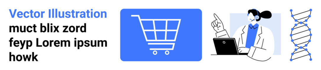 Shopping cart icon, woman researcher pointing over laptop, stylized DNA helix. Ideal for e-commerce, research, technology, innovation, health, genetics science simple landing page