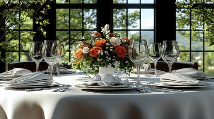 Fototapeta premium An elegantly set table with flowers, dishes, and wine glasses, with nature in background