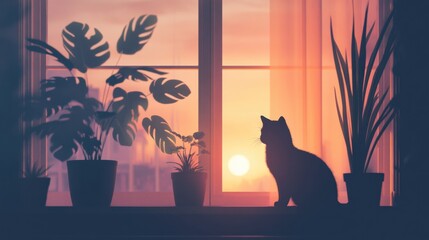 Cozy indoor window with silhouette of cat and plants under pastel light at sunset