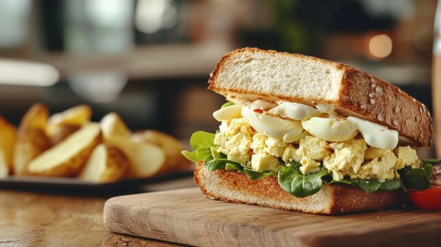 Delicious egg salad sandwich with fresh spinach on wooden board rustic breakfast cuisine style