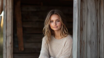 Fototapeta premium Portrait of beautiful model standing in rustic wooden doorway showcasing blonde hair and neutral tones
