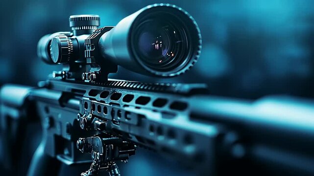 Close-up of a sniper rifle with a high-tech scope against a blue backdrop